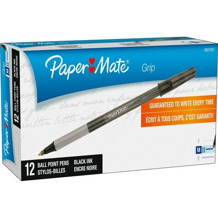 Paper Mate Write Bros Grip Ballpoint Stick Pen, Black Ink, Medium, Dozen