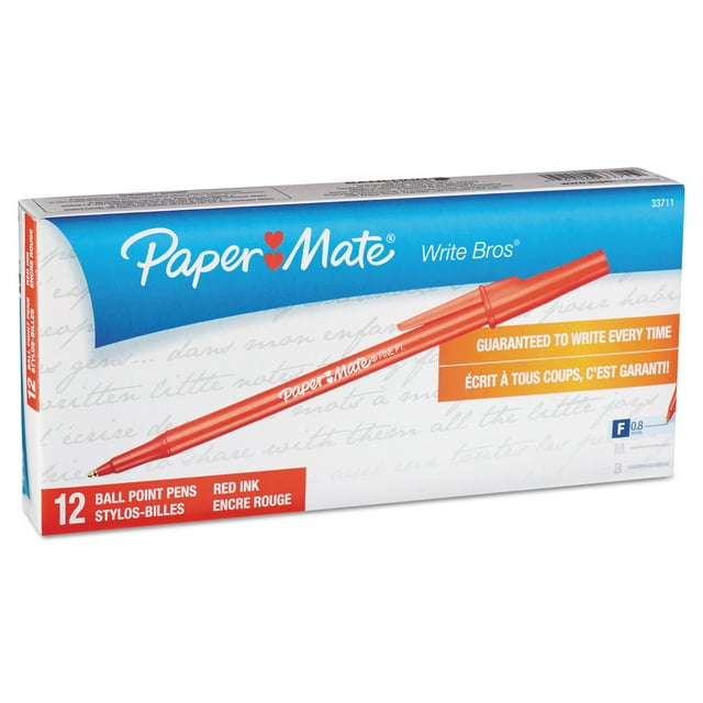Paper Mate Write Bros Stick Ballpoint Pen, Red Ink, 0.8mm, Dozen