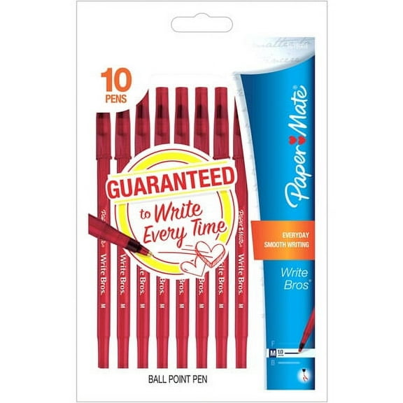 Paper Mate Write Bros. Ballpoint Pens, Medium Point (1.0mm), Red, 10 Count
