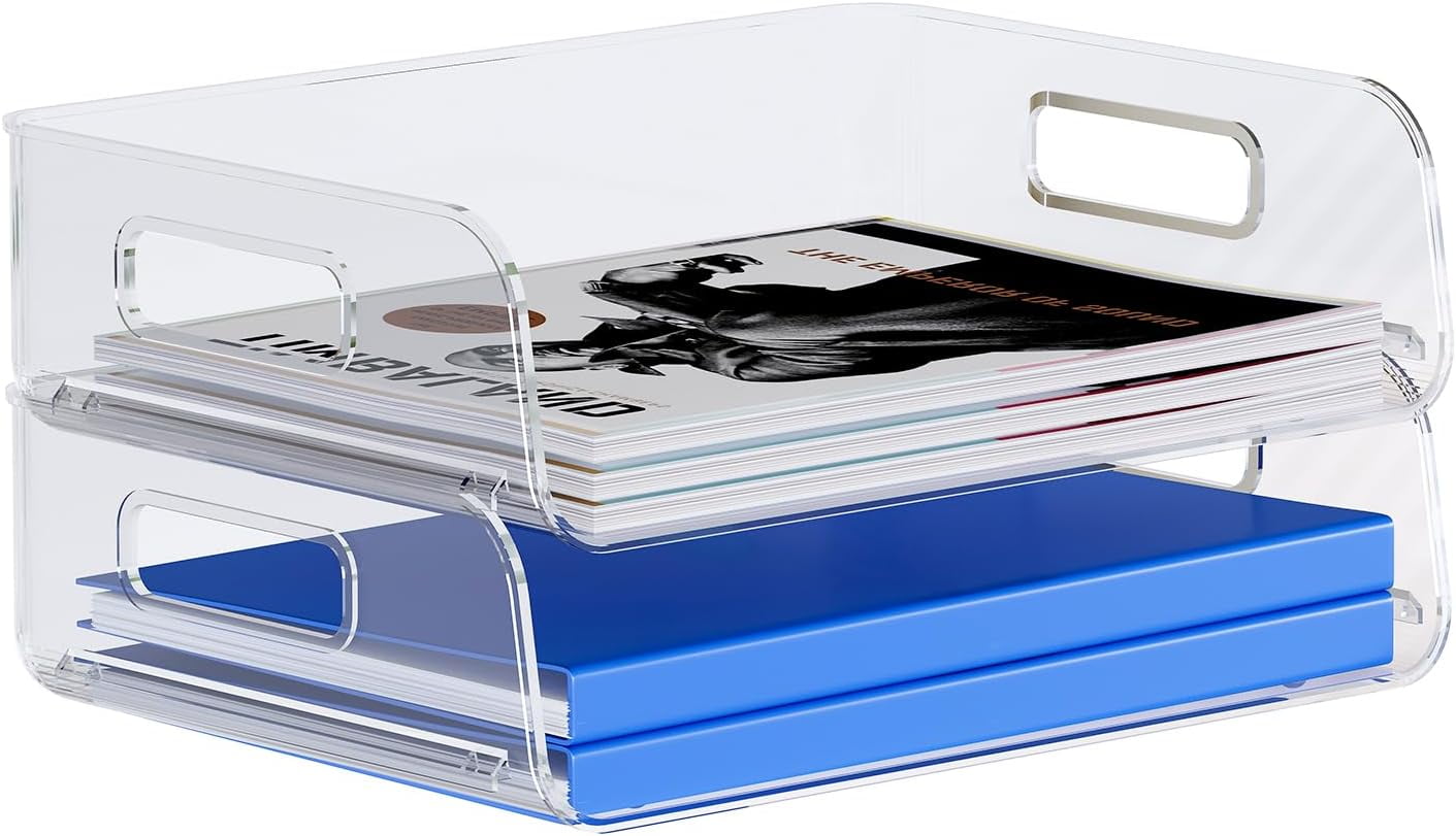 Acrimet 3-Tier Collapsible Desktop File Organizer - Letter Tray With Slanted Front (Clear Blue, No Assembly)