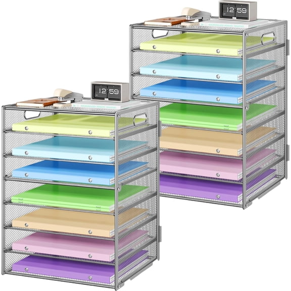 Paper Organizer with Handle 8 Tier Metal Mesh Desk File Organizer Large Capacity Desk Organizers Paper Letter Tray Desktop Document Sorter for Office, Home or School 2 Pack Silver