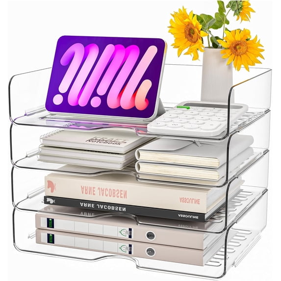 Paper Organizer Letter Tray, 4 Pack Acrylic Stackable Desk File Organizer,Clear File Organizer for Desk, Office Organizer for File Paper, Ipad, Letter, A4 Office File, Books, Notes, Paper Folder