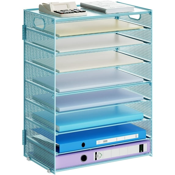 Paper Organizer Letter Tray, 9 Tier Mesh File Organizer with Handle, Paper Sorter Desk Organizer for Home Office Supplies - Blue