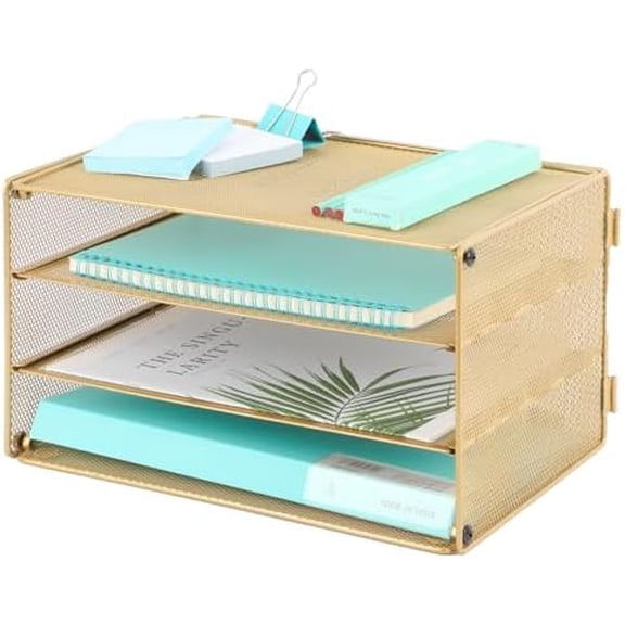 Paper Organizer Tray, 3 Tier Mesh Desk File Organizer Letter Sorter Holder for Home Office, Gold