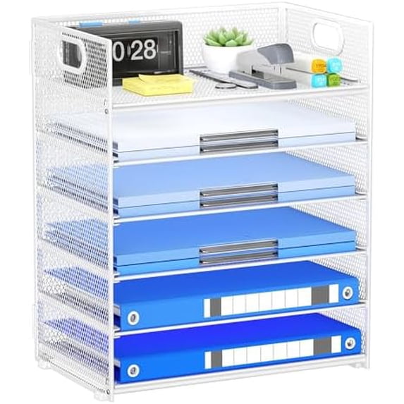 Paper Organizer for Desk with Handle, 6-Tier Metal Mesh File Organizer | Stackable Letter Tray for Office Documents & Stationery Storage