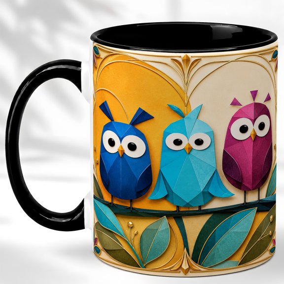 Paper Owl Trio Coffee Mug, Colorful Bird Mug, Ceramic 11 oz