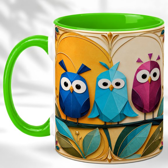 Paper Owl Trio Coffee Mug, Colorful Bird Mug, Ceramic 11 oz