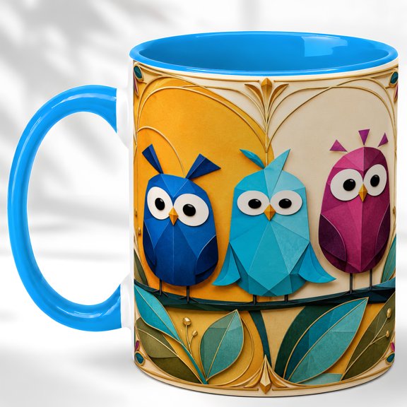Paper Owl Trio Coffee Mug, Colorful Bird Mug, Ceramic 11 oz