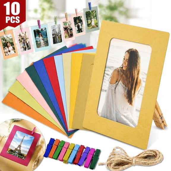 Paper Photo Frame 4x6 Kraft Paper Picture Frames 10 PCS DIY Cardboard Photo Frames with Wood Clips and Jute Twine (4X6 Inch 10 PCS, 10 Colors)