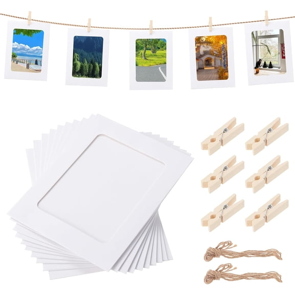 Paper Picture Frames,50Pcs Paper Photo Frame with 50Pcs Clips and 2Pcs Hanging Ropes,Hanging Album Frame for Displaying Beautiful Cute Photos and Dectorating Home Classrooms (White)