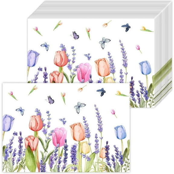 Paper Placemats Disposable 50 Pack Lavender Tulip Spring Placemats 16x 11 Inch Summer Seasonal Rustic Vintage Paper Table Mats for Holiday Home Dining Party Table Decoration