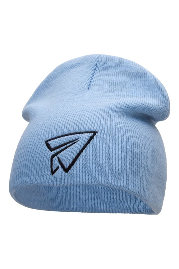 Paper Plane Outline Embroidered Short Knitted Beanie - Lt Blue OSFM