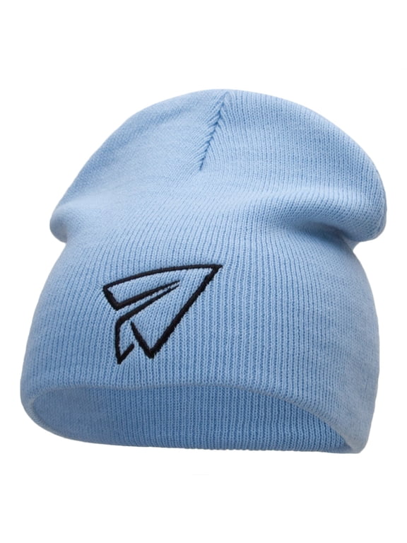 Paper Plane Outline Embroidered Short Knitted Beanie - Lt Blue OSFM