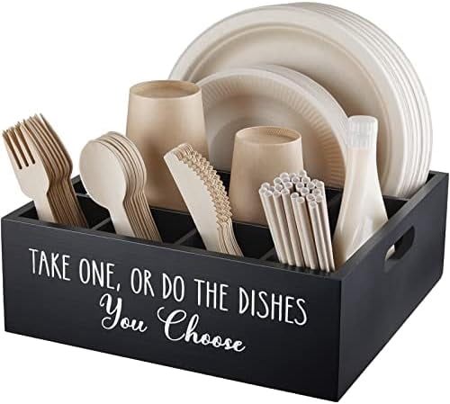 Paper Plate Dispenser for Countertop - Wooden Utensil Holder Organizer for Party - Silverware Caddy for Plate, Cup, Fork, Spoon - Cutlery Holder with Handles for Kitchen Camping Buffet
