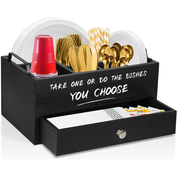 Paper Plate Dispenser with Drawer for Kitchen Countertop, Wooden Paper Plate Holder with Large Cup Holder, Rustic Wood Silverware Caddy Holder, Paper Plate Organizer Kitchen Accessories(Black-Drawer)