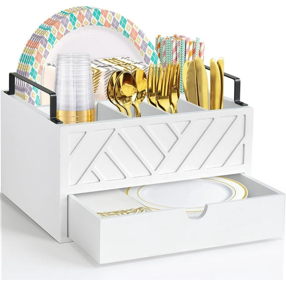 Paper Plate Dispenser with Drawer, Rustic Wooden Silverware Utensil Caddy and Flatware Organizer for Plates, Cups, Spoons, Forks, and Napkins White Kitchen Countertop Accessory