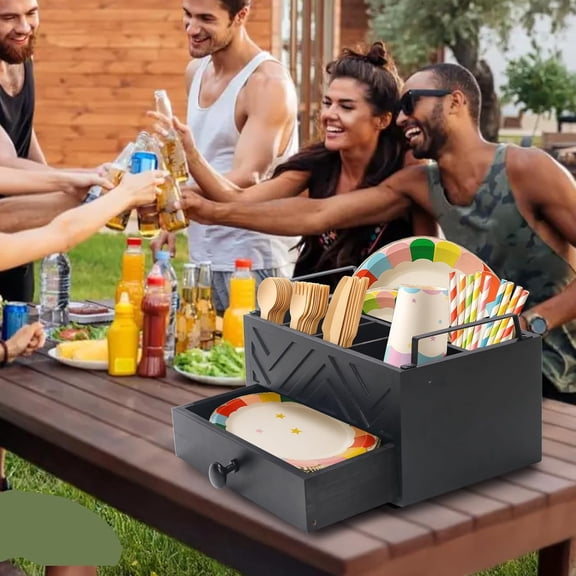 Paper Plate Dispenser with Drawer, country style Wood Kitchen Counter, Picnic, Party, Camping - Caddy Organizer for Cups, Spoons, Forks, Plates, office supplies, Napkins & Silverware（Black）