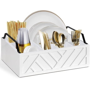 Paper Plate Dispenser and Holder for Kitchen Counter, Wood Rustic Utensil Caddy, Cutlery Flatware Organizer Box for Cups Spoons Forks Napkins, Kitchen Accessories