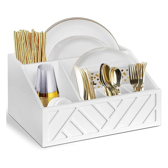 Paper Plate Dispenser Holder - Wood Utensil Caddy Organizer for Kitchen Counter - Rustic Silverware Flatware Dispenser - White Cups, Napkins, Spoons, Forks