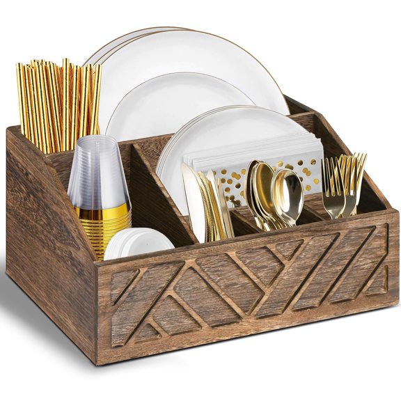 Paper Plate Dispenser, Paper Plate Holder for Kitchen Counter, Cutlery Flatware Organizer Box for Cups Spoons Forks Plates Napkins, Kitchen Accessories