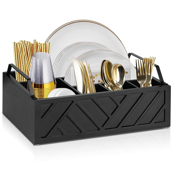 Paper Plate Dispenser, Paper Plate Holder for Kitchen Counter, Cutlery Flatware Organizer Box for Cups Spoons Forks Plates Napkins, Kitchen Accessories
