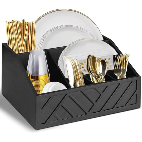 Paper Plate Dispenser, Paper Plate Holder for Kitchen Counter, Wood Rustic Silverware Utensil Caddy, Cutlery Flatware Organizer Box for Cups Spoons Forks Plates Napkins, Kitchen Accessories