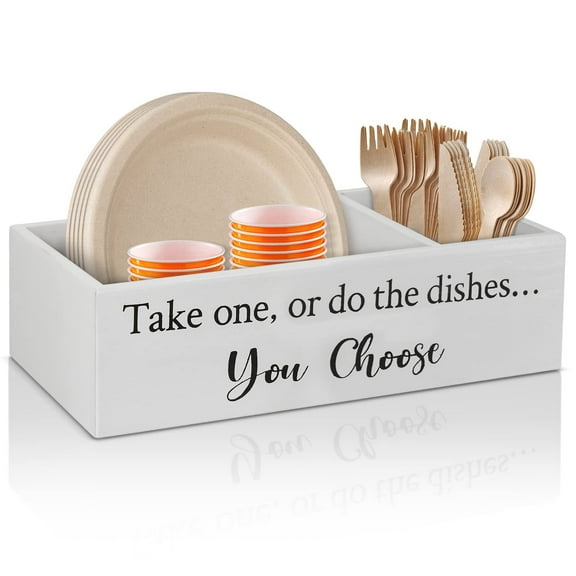 Paper Plate Dispenser, Holder for Kitchen Counter, Rustic Silverware Utensil Caddy, Cutlery Flatware Organizer Box