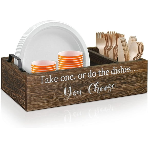 Paper Plate Dispenser, Holder for Kitchen Counter, Rustic Silverware Utensil Caddy, Cutlery Flatware Organizer Box