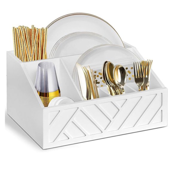 Paper Plate Dispenser, Paper Plate Holder for Kitchen Counter, Wood Silverware Utensil Caddy, Cutlery Flatware Organizer Box for Kitchen (White)
