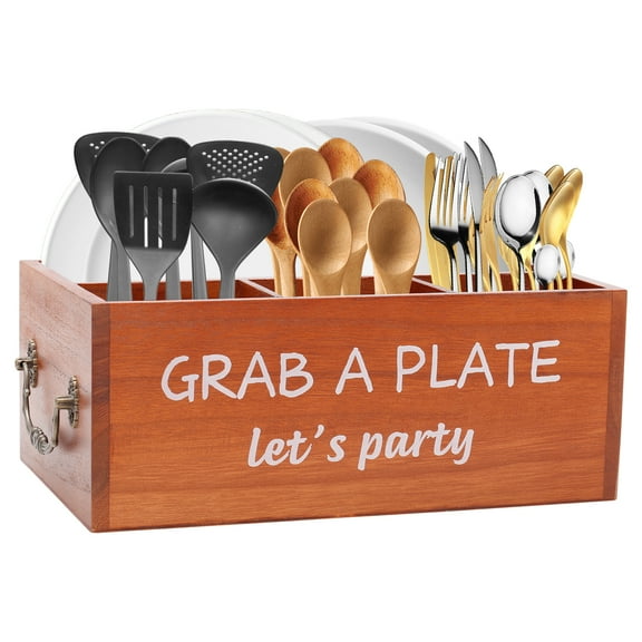 Paper Plate Dispenser Wood Paper Plate Holder with 4 Compartment and Handle Multipurpose Plastic Utensil Holder for Bathroom Kitchen Counter