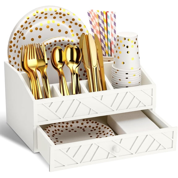 Paper Plate Dispenser, Wood Rustic Paper Plate Holder for Countertop with Drawer Silverware Utensil Caddy, Cutlery Flatware Organizer for Spoon Fork Napkins Kitchen Parties(White)