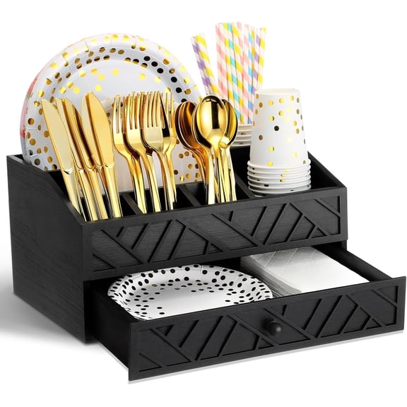 Paper Plate Dispenser, Wood Rustic Paper Plate Holder for Countertop with Drawer Silverware Utensil Caddy, Cutlery Flatware Organizer for Spoon Fork Napkins Kitchen Parties(Black)