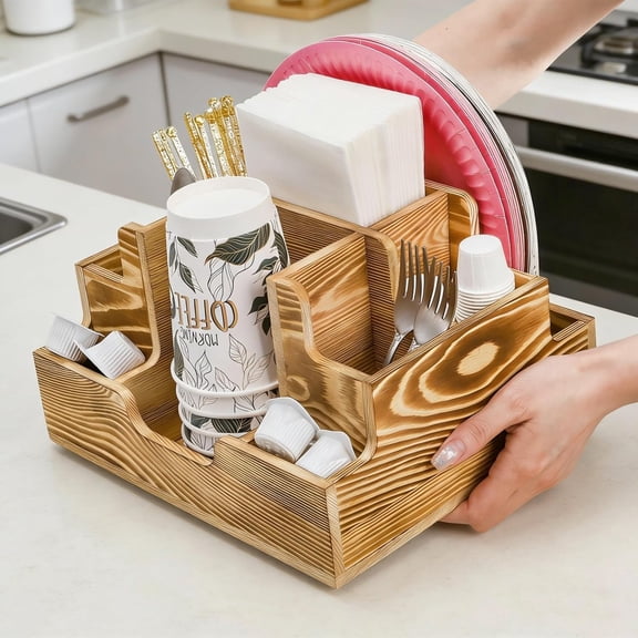 Paper Plate Dispenser, Wood Rustic Utensil Holder Silverware Caddy for Cups Spoons Forks Napkins, Cutlery Flatware Organizer with 9 Compartments for Party, Kitchen Countertop, Camping, Buffet