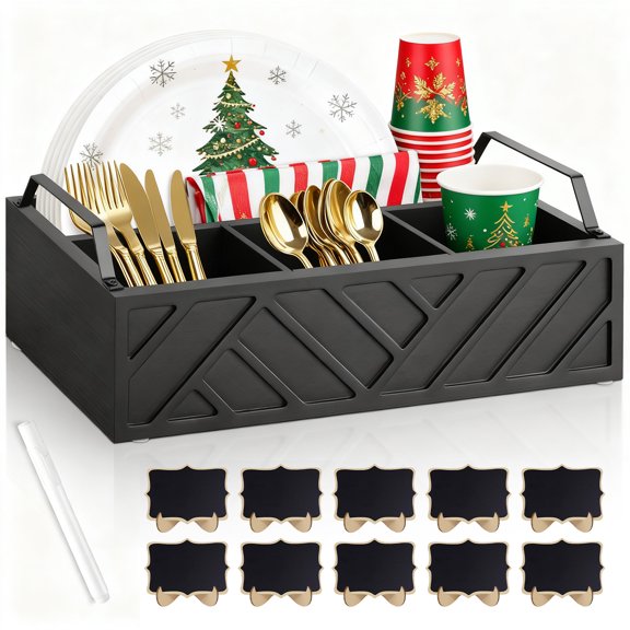 Paper Plate Dispenser and Holder for Kitchen Counter, Cutlery Flatware Organizer Box for Cups Spoons Forks Napkins, Kitchen Accessories (Black)