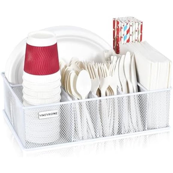 Paper Plate Organizer, Metal Silverware Caddy with 6 Compartments for Knives, Spoons, Cups, Forks, Napkins, Utensil Holder for Party, Camping, Picnic, White