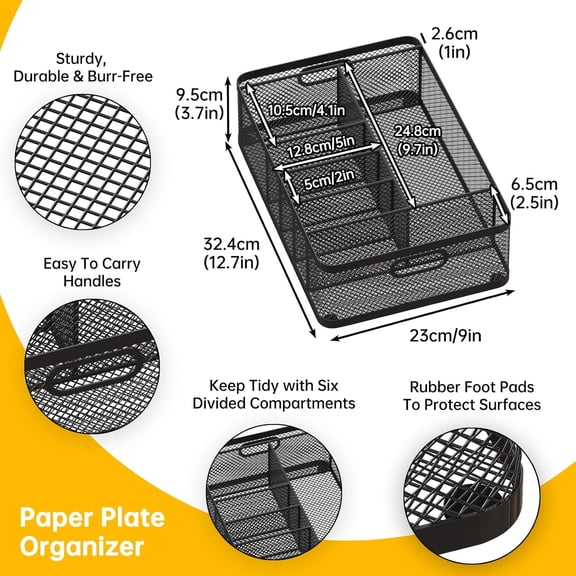 Paper Plate Organizer and Utensil Caddy for Countertop with Handle, 6-Compartment Paper Plate Holder and Silverware Tray for Cups, Forks, Spoons, Napkins - Ideal for Party, Camping, Picnic