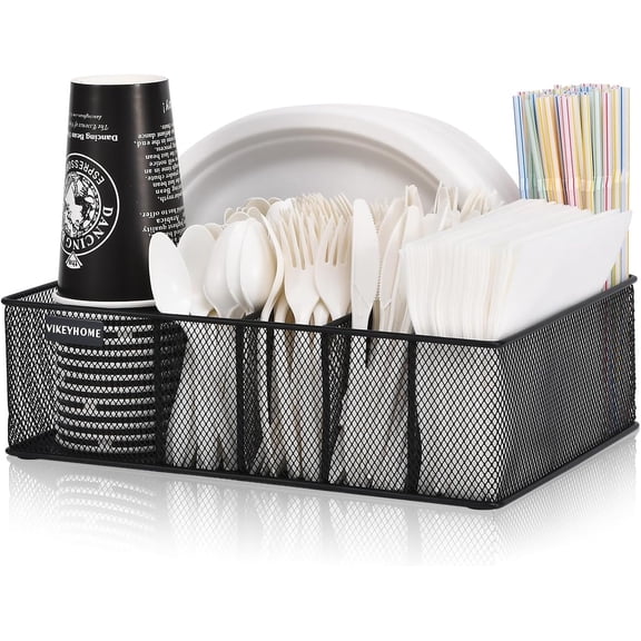 Paper Plate Organizer for Countertop, Metal Silverware Caddy with 6 Compartments Cup, Napkin, Utensil Holder Party, Camping, Picnic