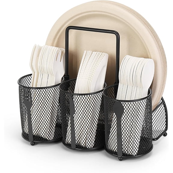 Paper Plate and Silverware Holder Caddy, 4 Compartments Metal Utensil Cutlery Caddy for Party, Spoon, Fork and Paper Plate Organizer with Handle for Countertop,Buffet, Picnic, Camping, Outdoor, BBQ