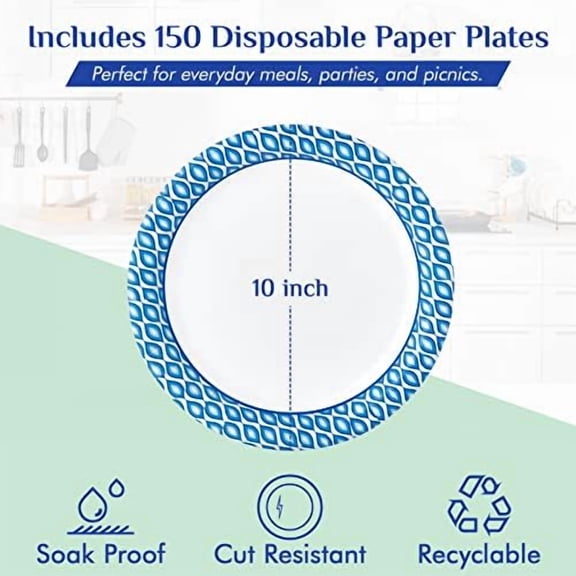 Paper Plates 10 Inch, 150 Count Soak and Cut Proof, Blue Large Disposable Plates Bulk for Daily Use, Parties