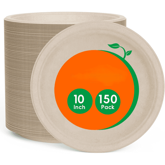 Paper Plates 10 Inch, 150 Pack Compostable Heavy Duty Disposable Biodegradable Sugarcane Bagasse Eco Friendly Paper Plates for Thanksgiving Party Dinner