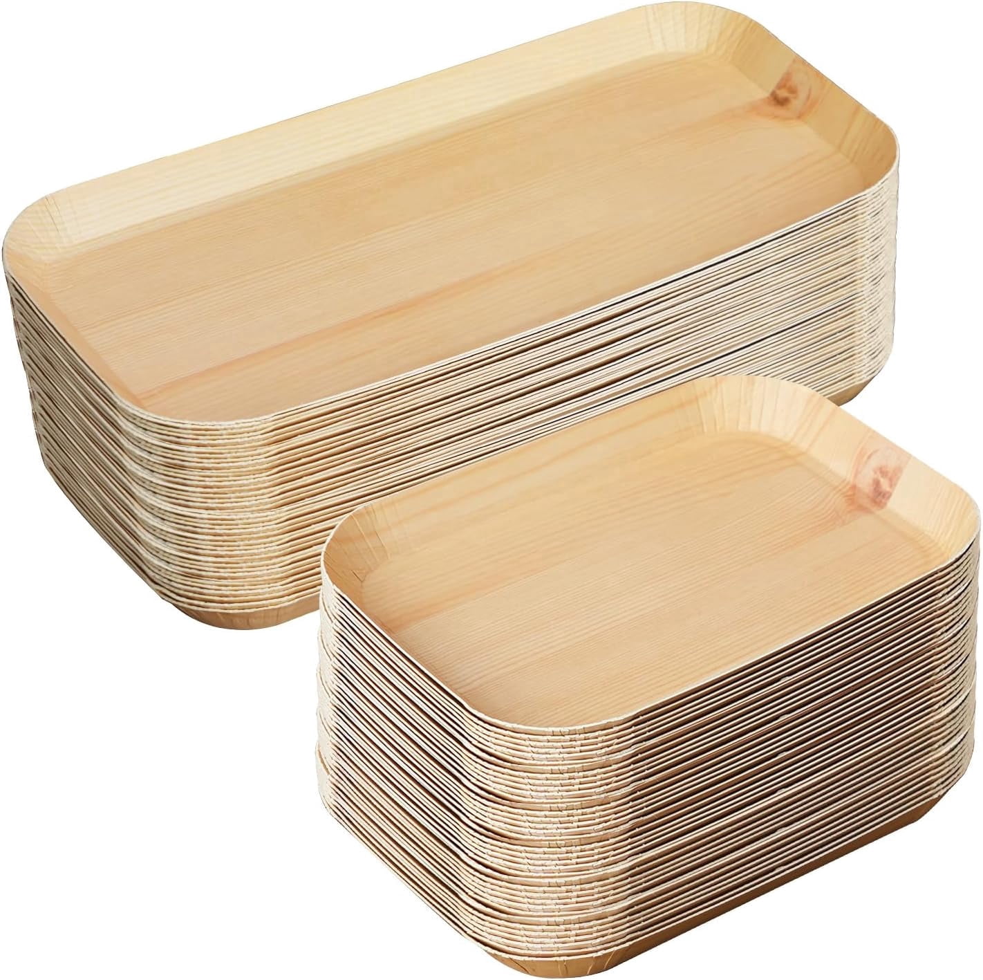 Paper Plates, 100 Count Disposable Wood Grain Rectangular Plates, 6.5 and 10 Inch Heavy Duty Microwave Safe Plates for Parties, BBQ, Camping, Picnic, Catering and Family Gatherings