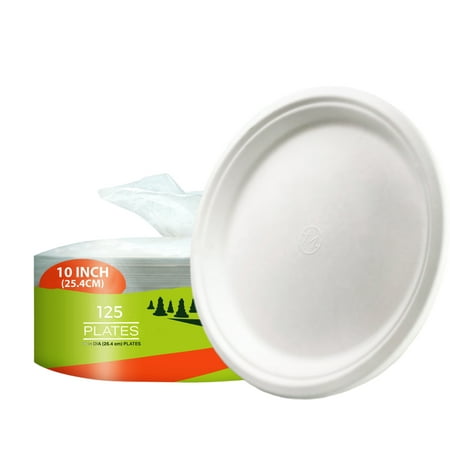 Paper Plates [125-Pack], 100% Compostable-[10 Inch by 0.5" deep]-Heavy Duty Disposable Plate - (BPI Certified) - (PFAS-Free) - Eco-Friendly, Biodegradable Bagasse 10" Dinner Plates by MOBI-Ecoware
