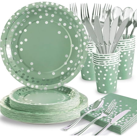 Paper Plates - 168pcs Disposable Party Supplies, Sage Green and Silver Plates for Birthday, Wedding, Baby Shower Parties