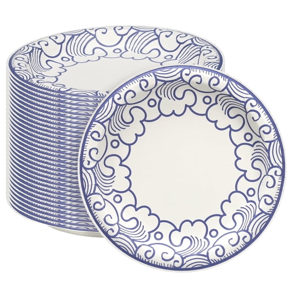 Paper Plates, 30 Count 10 Inch Blue Porcelain Disposable Dinner Plates, Heavy Duty Leak-Proof Cut-Resistant Microwave Safe Compostable Plates for Party, BBQ, Picnic and Family Use