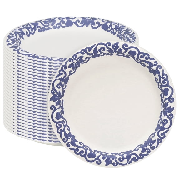 Paper Plates, 30 Count 10 Inch Blue Porcelain Disposable Heavy Duty Leak-Proof Cut-Resistant Dinner Plates, Microwave Safe and Compostable for Parties, BBQ, Picnic and Family Gatherings