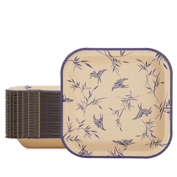 Paper Plates, 30 Count 8.5 Inch Disposable Bamboo Pulp Square Dinner Plates with Bird Print, Heavy Duty Soak-Proof Cut-Resistant Microwave Safe for Party, BBQ, Picnic and Family Use