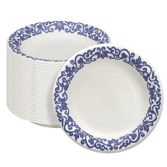 Paper Plates, 30 Count 8.5 Inch Disposable Thickened Blue Porcelain Flower Printed Dinner Plates, Soak-Proof Cut-Resistant Microwave Safe for BBQ, Picnic, Party and Family Gatherings