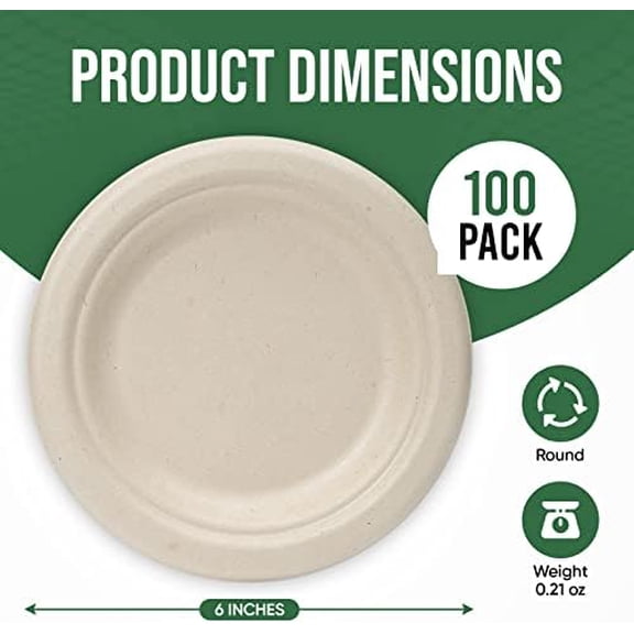 Paper Plates 6 Inches, 100 Pack Disposable Plates – 100% Compostable Plates, Water & Oil Proof Dessert Plates, Microwavable Small Paper Plates, Perfect Paper Plate For Party - Brown