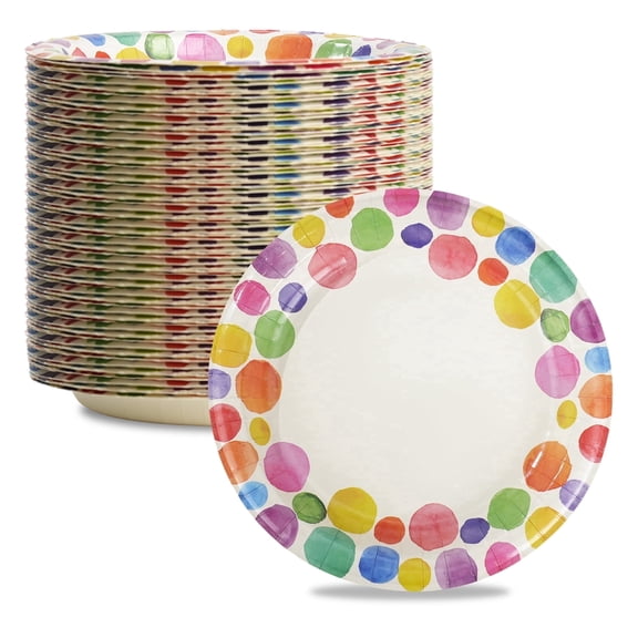 Paper Plates, 60 Count 8.5 Inch Heavy Duty Disposable Dinner Plates, Soak-Proof Cut-Resistant Microwave Safe with Colorful Round Pattern for Party, BBQ, Picnic and Family Use
