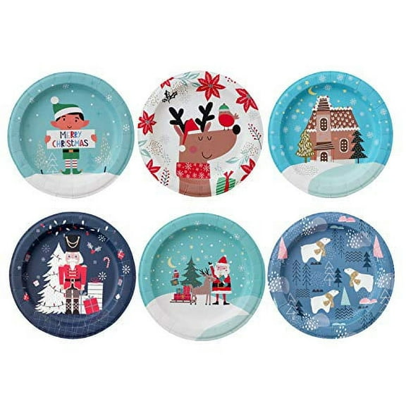 Paper Plates - 60-Count 8" x 8" Small Disposable Christmas Party Dessert Plates in 6 Assorted Designs - Reindeer, Santa, Polar Bear, Elf, Gingerbread House, Nutcracker - Christmas Party Supplies